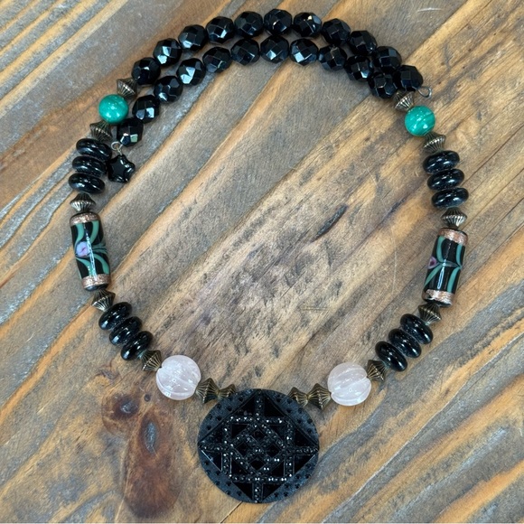 Art Deco Style Black Beaded Choker Rose Quartz Wedding Cake Beads Antique Button - Picture 11 of 11